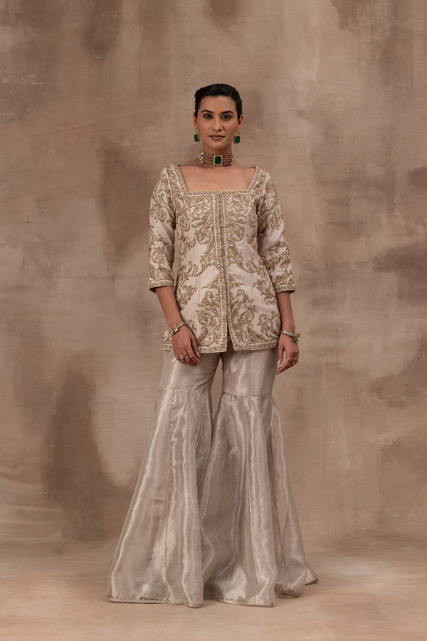 Rose gold opada silk jacket set with tissue gharara pants